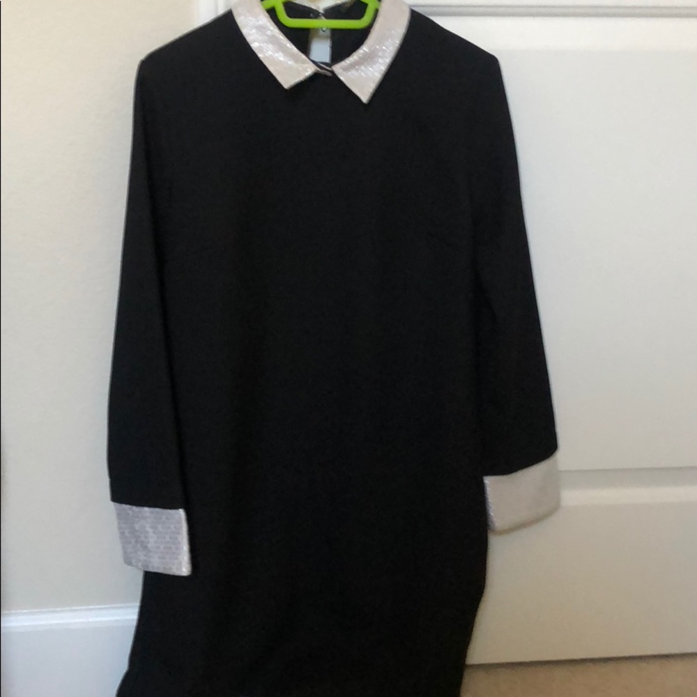 Maje Black Shift Dress Contrast Collar Cuff Chic Parisian Long Sleeve Dress
